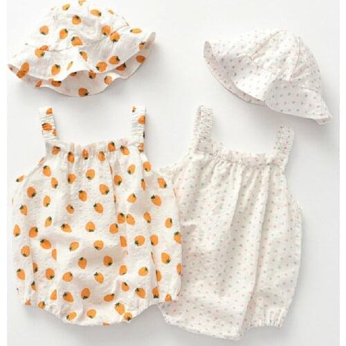 Newborn Baby Romper With Hat Overalls Baby Clothes Print Summer Infant Girls Romper Sling Clothes Boys Jumpsuit Sunsuit Beach