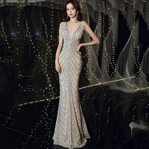 Prom Dress V-Neck Floor-Length Evening Dresses Beading Mermaid Sequin Party Dress