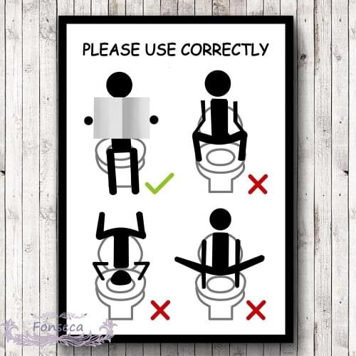 Correct Posture of Using Toilet Canvas Painting Abstract Wall Art Posters and Prints Black and White Pictures for Bathroom