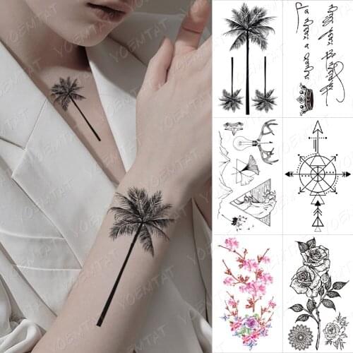 Waterproof Temporary Tattoo Sticker Coconut Tree Crown Letter Flash Tatoo Rose Arrow Body Art Hand Fake Tatto Women Kids