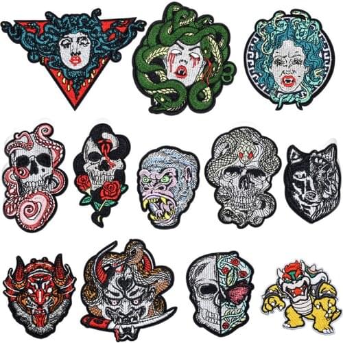 Wolf Skull DIY Iron On Cartoon Cloth Patches Embroidered Badges Abstract Kids Patch For Clothes Stickers