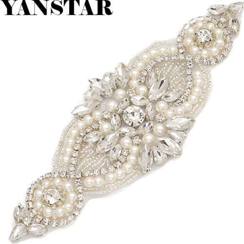 YANSTAR(10pcs) Handmade Plus Size Rose Gold Rhinestones Appliques Beaded 16.5*5cm Patch For Wedding Gown Belt YS845