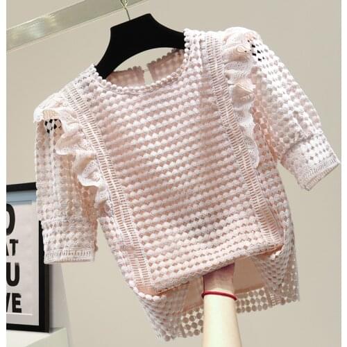 Lace Shirt Woman Summer Korean Style Loose Temperament Crocheted Lace Blouse Sweet Ruffled Top Fashion Blusas Mujer De Moda 2020
