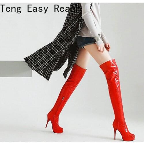 Patent PU Leather Women Over The Knee Boots Fashion Platform Thin Heel Women Long Boots Side Zipper Women Winter Boots Big Size