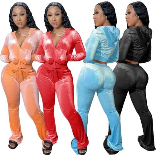 Fitness Sporty Velvet Two Piece Set Woman Long Sleeve Zipper Fly Hooded Coat and Flare Sweatpants Loungewear Matching Sets