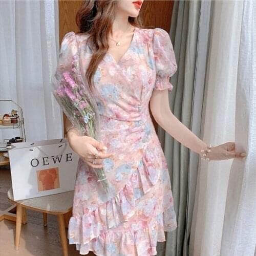 Chic Short Sleeve Sundresses for Women Summer Design Sweet Floral Dresses Boho Beach One Piece Dress Korean 2021 V-neck A-line