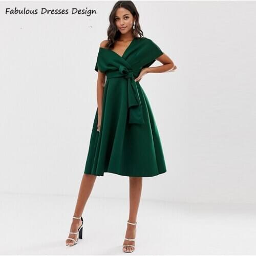 2021 A Line Knee Length Prom Dresses Green Satin Cop Sleeve V-neck Sashes Evening Dress Women Party Night Vestido De Festa