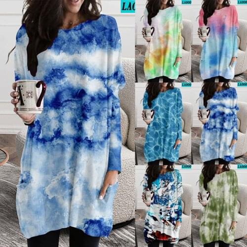 Loosetie-dye Pattern Large Plus Size Dress Womens Round Neck Casual Dress Shirt Mini Dress Top Blouse Pullover Sweatshirt Dress