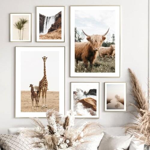 Giraffe Highland Cattle Mountain Waterfall Palm Leaf Nordic Poster Wall Art Print Canvas Painting Decor Pictures For Living Room