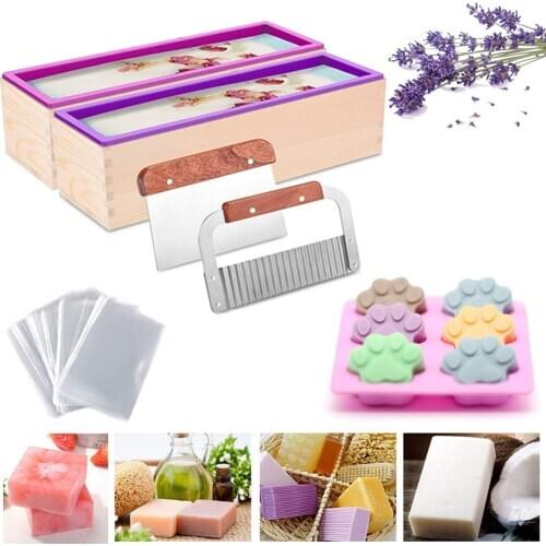 1200g Silicone Soap Mould Set Rectangular Toast Loaf Mold Wooden Box Handmade Soap Making Tool with 2 Pcs Soap Cutter