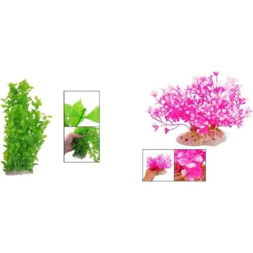 2 Pcs Aquatic Dwarf Plastic Plant Ornament Plastic Leaves Water Plants, Green & Hot Pink-White