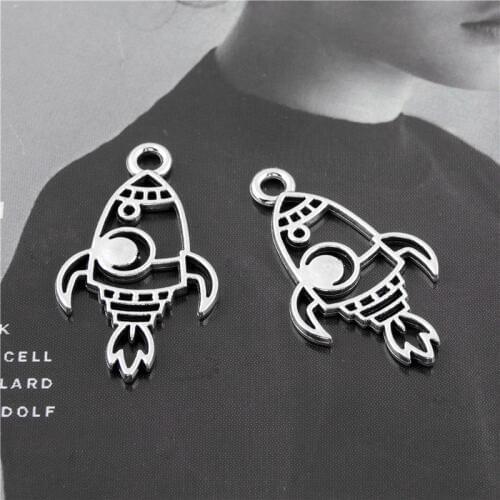 30Pcs Silver Color Mini Rocket Ship Charms Spacecraft Plane Pendant Making Necklaces Choke Handcrafts Jewelry 13X26mm A3107