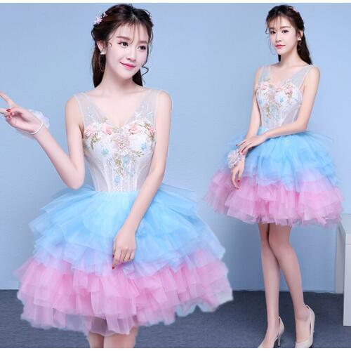 Free ship embroidery flowers beading light blue&pink cake ruffled short lolita dress