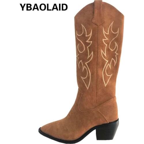 Pointed Toe Embroidery Retro Thick-heeled Long Knight Boots Solid Color Sleeve V-mouth Western Cowboy Fashion Womens Boots
