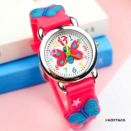 Promotion new fashion children cartoon watch little boys girls beauty butterfly dial 3D wristwatch kids student silicone watch