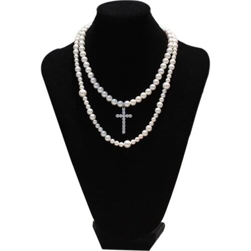 Double Layer Pearl Necklace Set with 8-10 mm Mixed Beads and Cross Hip Hop Necklace Charms for Jewelry Making