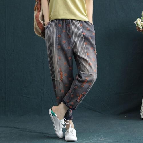 2020 Boyfriend Jeans For Women Ripped Hole Harem Capris Pants Vintage High Elastic Waist Striped Denim Jeans Vaqueros Mujer