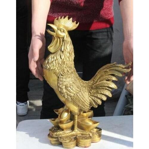 China Brass Copper Yuanbao Money Lucky Year Zodiac Mascot Chicken Rooster Statue