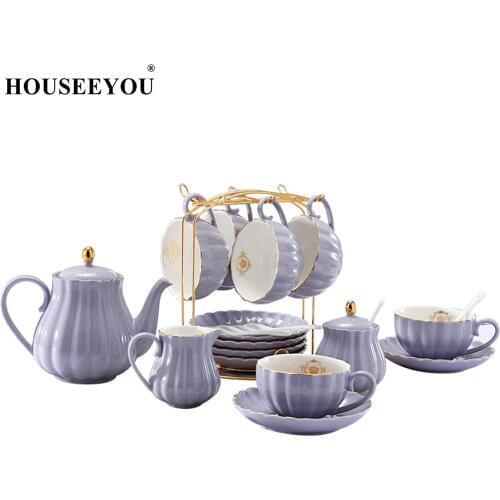 Brief British Bone China Pumpkin Stripe Drinkware Ceramic Coffee Cup Mug with Milk Teapot Saucer Spoon Gold Plated Shelf Kit Set
