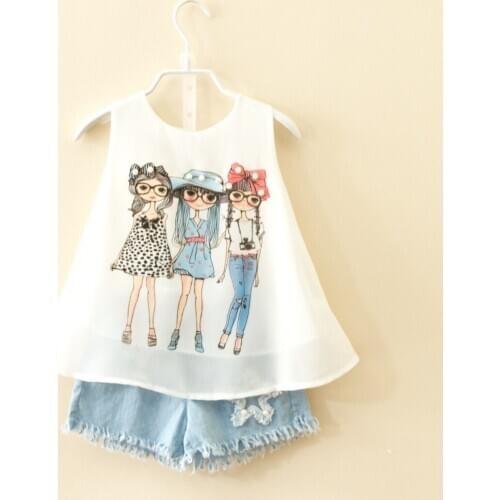 2019 Summer Fashion Kids Baby Girls Cartoon Girl Beach Sets Sleeveless Chiffion Vest + Denim Shorts 2Pcs Girl Outfits Suits