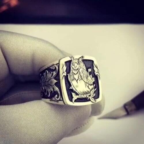 QiLuxy Fashion Gothic Punk Owl Male Retro Ring Owl Pattern Rings for Men Jewelry