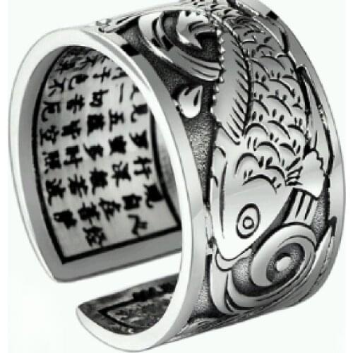 Retro Thai silver koi heart sutra open ring for men