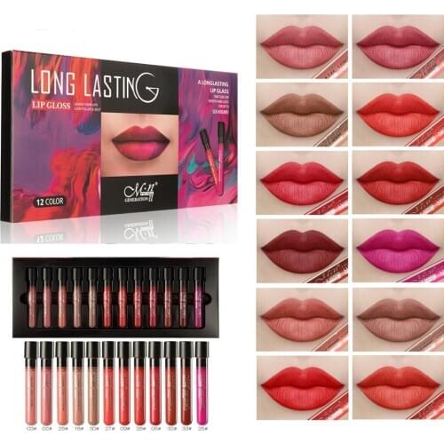 12pcs/lot Long Lasting Matte Lipstick Kit Nutritious Velvet Matt Lip Stick Lip Tint Nude Batom Focallure Red Lipstick Set Makeup