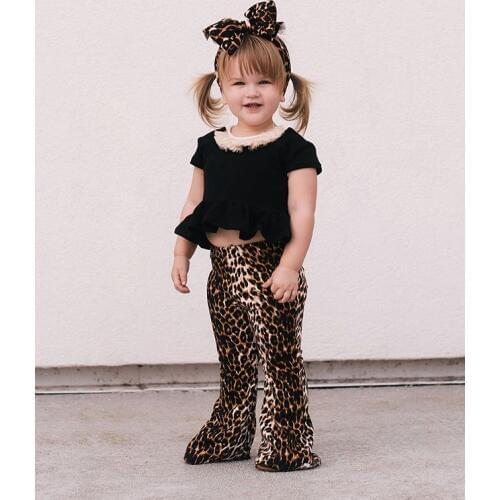 Infant Baby Girls Clothes Sets Summer Ruffles Short Sleeve Black T Shirts Tops+Leopard Flare Pants+Headband 0-3Y