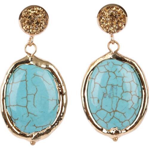 Oval gold frame rim buckle natural turquoises blue stone bead charm rhinestone top dangle earring for women wedding jewelry