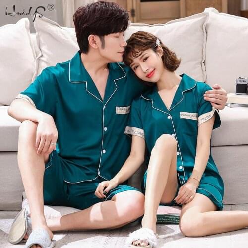 Couple Pajamas Set Sexy Silk Couple Pajamas Set Nightwear Summer Mujer Women Men Short Sleeve Sleepwear Nightwear Homewear