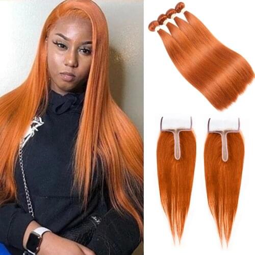 Sapphire Ginger Orange Bundles With Closure Brazilian Straight Hair Bundles With Closure Brazilian Hair Weave Bundles 3 Bundles