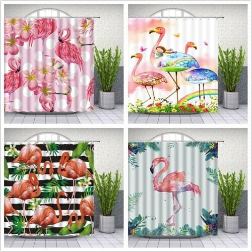 Water Color Pink Flamingo Flower Shower Curtains Tropical Floral Plant Leaf Bathroom Decor Bathtub Waterproof Hang Curtain Set