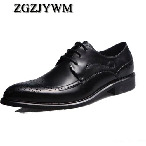 ZGZJYWM New Fashion Black/Red Mens Flats Oxfords Lace-Up Pointed Toe Genuine Leather Carved Business Dress Wedding Party Shoes