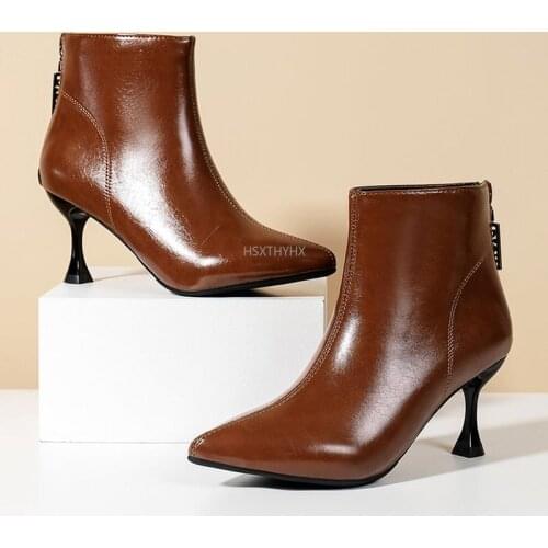 2022 Pointed Toe High Heeled Boots Woman Patent Leather Ankle Boots Womens Winter Shoes Back Zip Black Womens Plus Size Boots