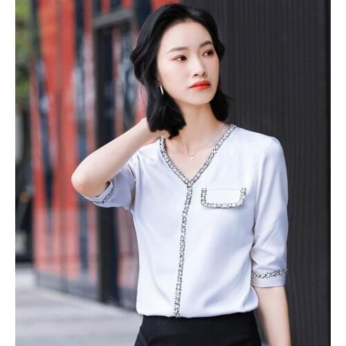 Womens Chiffon shirt V-neck professional waist Shirt Purple foreign style fashion high-end Top Shirt