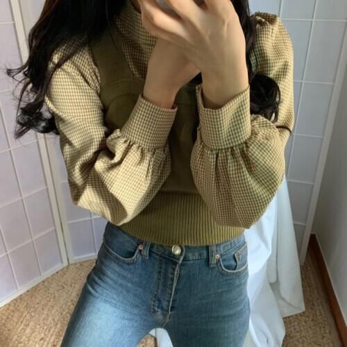 2020 Winter New Women Long Sleeve Plaid Shirts + Knitted Vest Suits Half Turtleneck Casual Tops Blouse Set