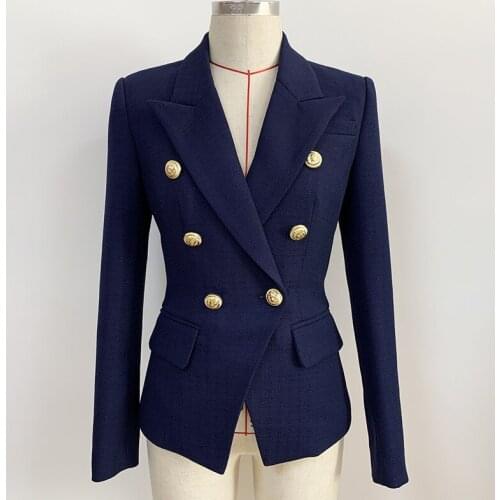 QUALITY Newest HIGH 2021 Classic Designer Jacket Womens Silver Lion Buttons Double Breasted Slim Fit Textured Blazer Outer Wear