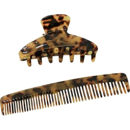 French Style Women 2pcs Hair Claw Clip with Head Comb Set Tortoise Shell Cellulose Acetate Geometric Hairpin Barrette