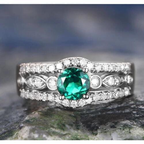 Female Big Crystal Round Green Stone Ring Brilliant Silver AAA Zircon Engagement Ring Vintage Party Wedding Rings For Women