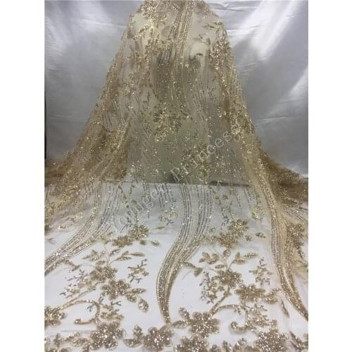 Gold color pretty flowers lace fabric shiny glitter sequin tulle lace for dress pretty design glued glitter YG-374