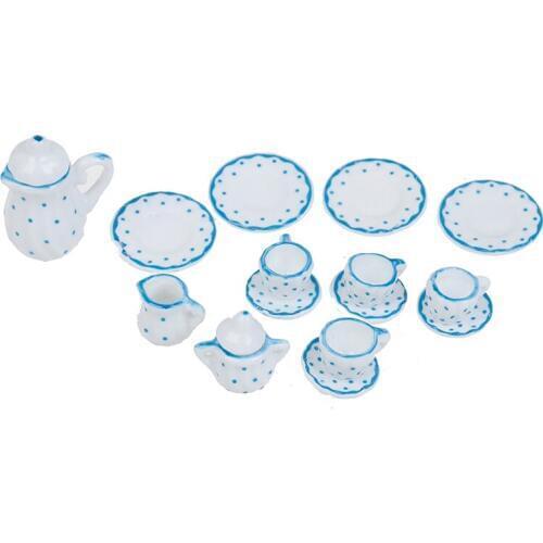 1/12 Dollhous Miniature Blue Flower Patten Porcelain Coffee Tea Cups Ceramic Tableware Dollhouse Kitchen Accessories15Pcs/set