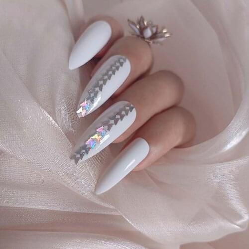 24pcs Crystal False Nails Pointed Rhinestones Long Stiletto Acrylic Artificial Nail Art Tips white