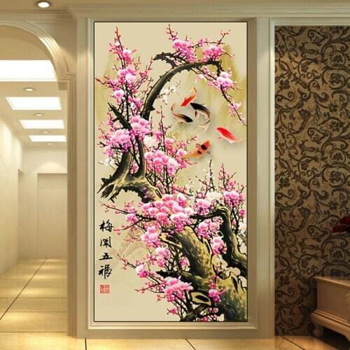 Pink plum flowers 5D diy Diamond Painting abstract koi fish large diamond embroidery full mosaic diamant painting cross stitch