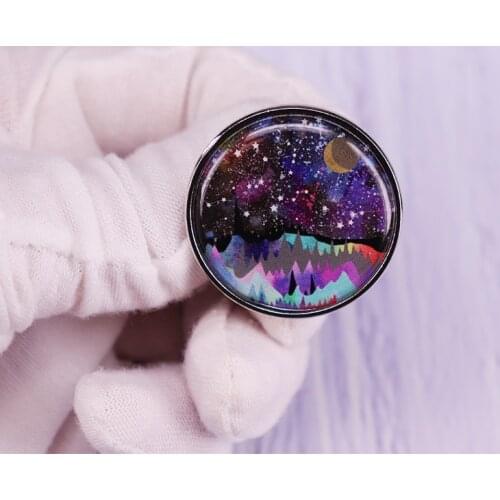 Starry Sky Moon Mountain Forest Pin Nature Landscape Brooch Travel Adventurer Badge Jewelry Gift