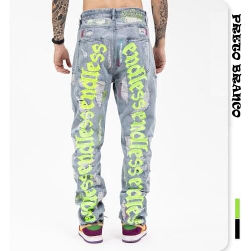 PRETO BRANCO Back Letter Embroidery Jeans for Men 2021 Street Broken Hole Jeans Homme Loose Endless Denim Pants Moto Trouse