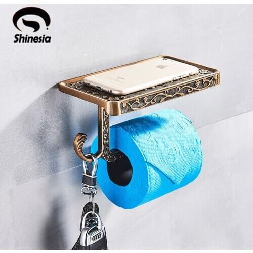 Shinesia Paper Holder Wall Mount Toilet Bathroom Accessories Zinc Alloy Material With Hook Mobile Phone Holder With Shelf