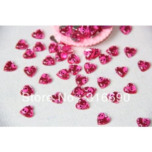 10mm hot pink skull pattern heart flatback rhinestone 200pcs/lot