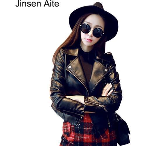 Jinsen Aite New Fashion Women PU Leather Jacket Rushed Zippers Slim Casual Motorcycle Coats Short Streetwear Jaqueta Couro JS365