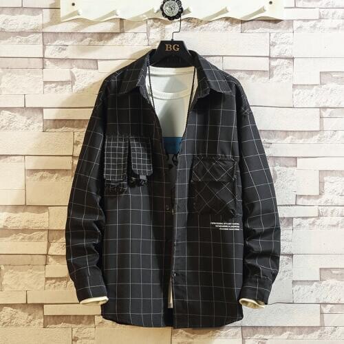 Plaid Men Long Sleeve Shirt Loose Japanese Streetwear Fashion 2020 Casual Shirts Plus Asian Size M-5XL