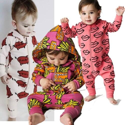 2018 New Infant Newborn Baby Boys Hooded Cotton Romper Baby French fries Print Jumpsuit playsuit Outfits Clothes MBR0196